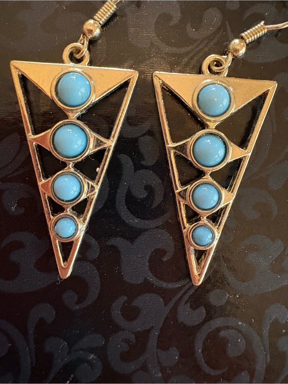 Vintage Silver Tone Triangle Drop Earrings with Blue Cabochons